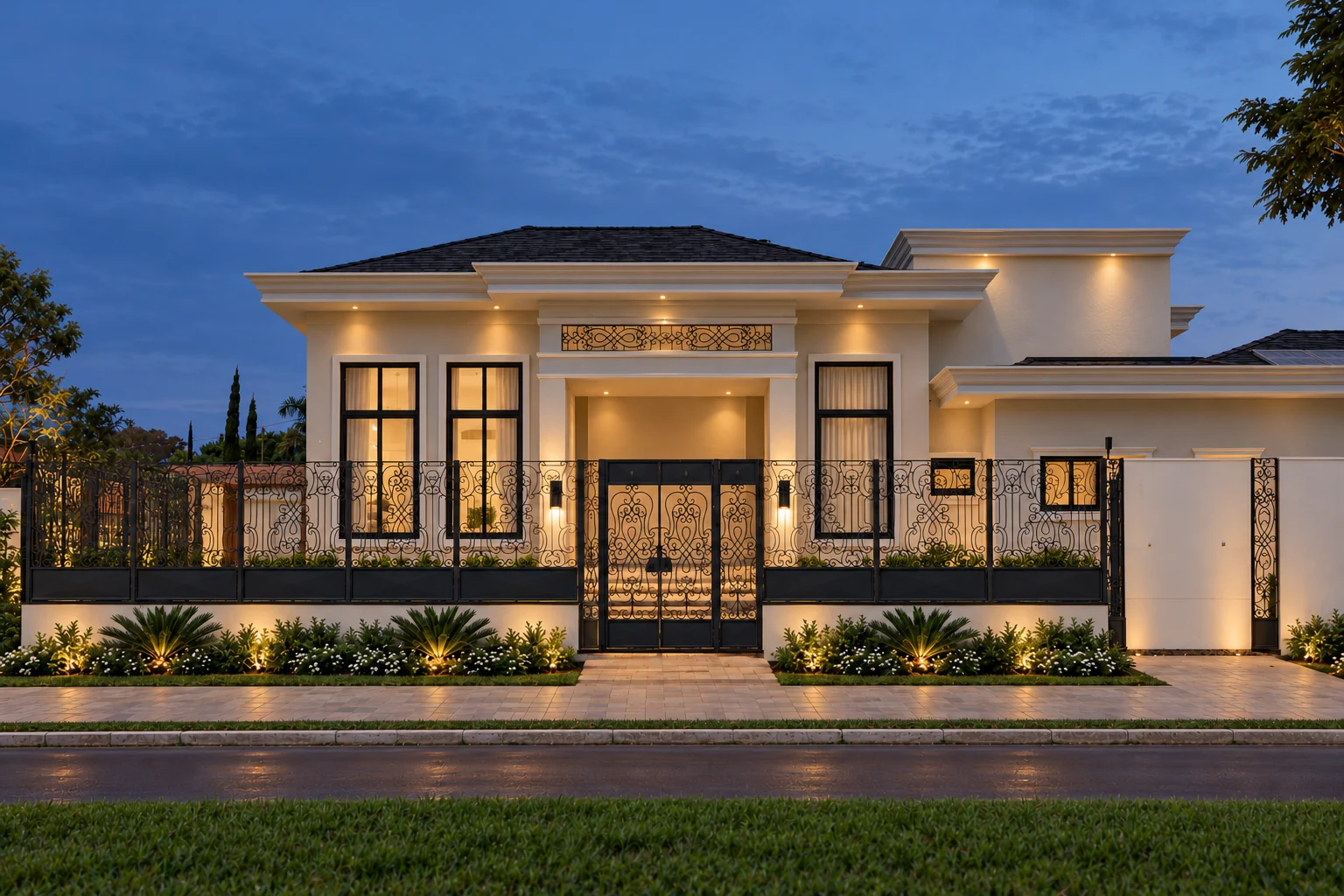 Fachada residencial com iluminação cênica, jardim e esquadrias escuras.